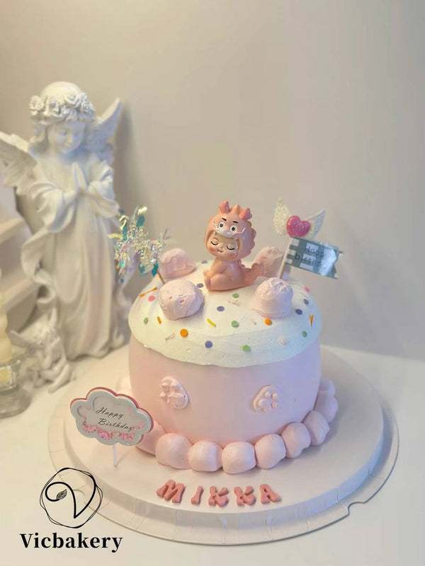 Baby 1st Birthday-Rounded cake with little pink dragon