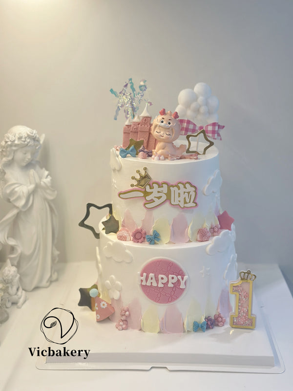 Baby 1st Birthday-Two-tier Pink Baby