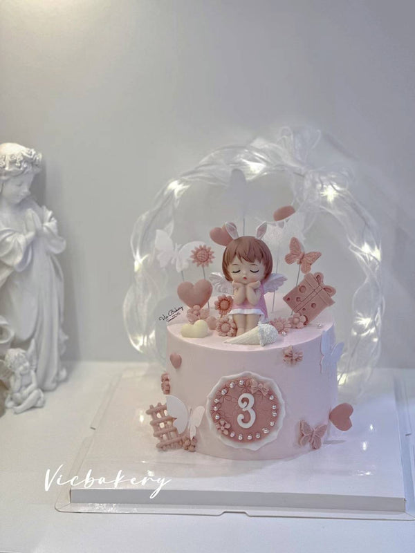 Girls' Theme Cake-Pink cake with Fair and white ribbon
