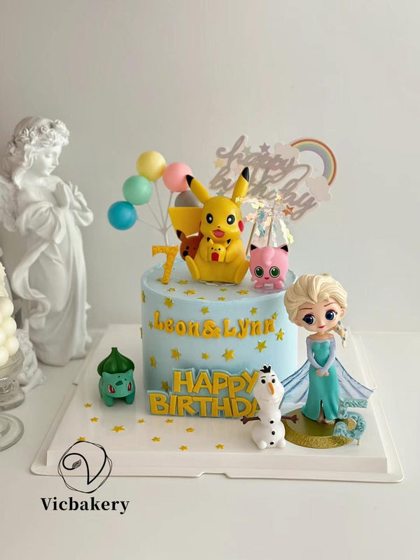 Girls' Cake Theme Cake-Blue Cake with Cartoon Dolls Pikachu and Elsa