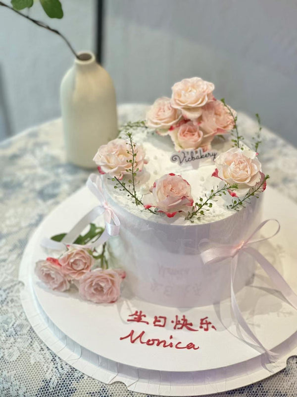Pink roses fresh flower cake with pink silk